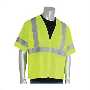 PIP® 303-HSVELY-L Safety Vest, Large, Hi-Viz Lime Yellow, Polyester Mesh, Hook and Loop Closure, 4 Pockets, ANSI Class: Class 3