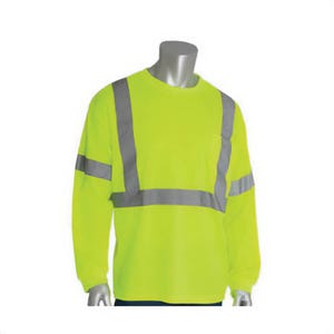PIP® 313-1300-LY/3X Long Sleeve Crew Neck T-Shirt, 3XL, Hi-Viz Lime Yellow, Bird's Eye Polyester, 31-1/2 in L