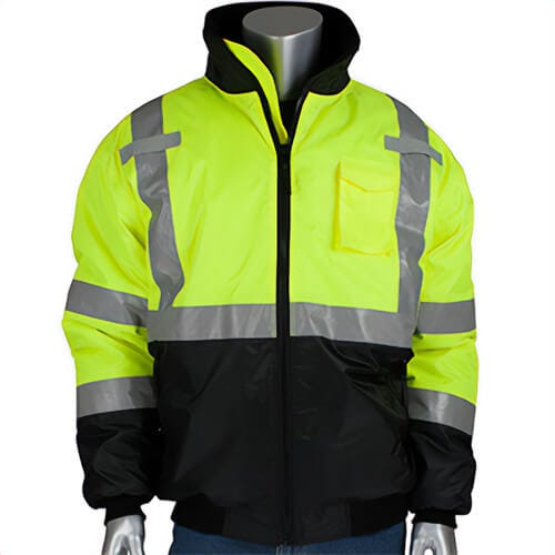 PIP® 333-1740-LY Bomber Jacket, Polyester, Water Resistant, Unisex, Flap/Zipper Closure, Hi-Viz Lime Yellow