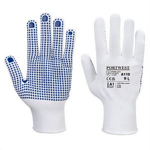 Portwest A110WBRXXL Polka Dot Glove, PVC Dotted Palm, Breathable Seamless Liner, Cut Level A1, Abrasion Level 1, White/Blue, 2XL