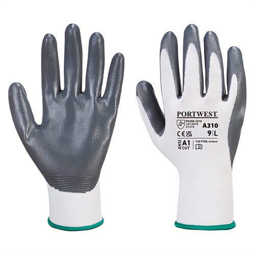 Portwest A310GRWXXL Flexo Grip Nitrile Coated Glove, Lightweight, Palm Dipped, Gray/White, 2XL
