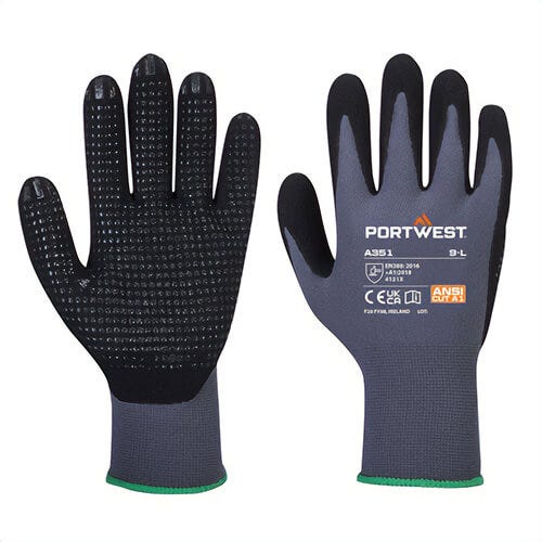 Portwest A351G8RXXXL DermiFlex Plus Glove, Nitrile Foam Dotted Palm, Beathable Seamless Lining, ANSI Cut Level A1, Gray/Black, 3XL