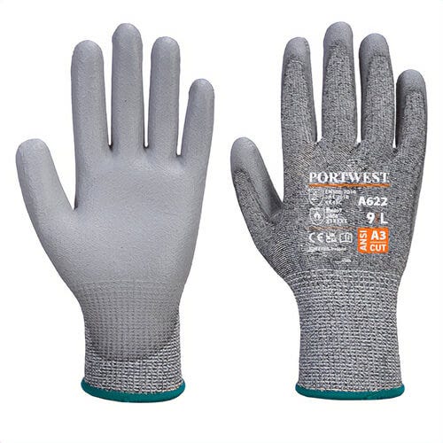 Portwest A622G7RL Cut C13 Polyurethane Glove, Cut Level A3, Gray, L