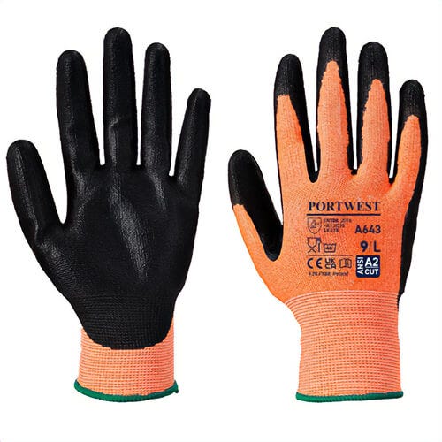 Portwest A643AMRXXL Amber Cut Glove, Nitrile Foam Coating, Abrasion Level 6, Cut Level A2, Amber, 2XL
