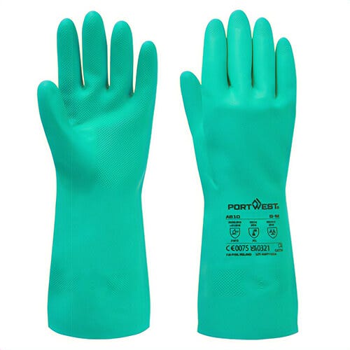 Portwest A810GNRS Nitrosafe Gauntlet, Chemical Resistant, 13 in Length, Textured Grip, Fully Coated, Nitrile, Green, S