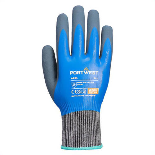 Portwest AP81B4RXXL Liquid Pro HR Cut Glove, Dual Latex and Liquid Pro Coating, ANSI Abrasion Level 6, Cut Level A4, Blue, 2XL