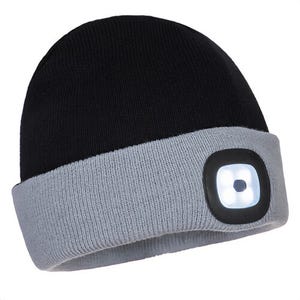 Portwest B034BKG Two Tone LED Rechargeable Beanie, 150 Lumens, 10 yd Distance, High-Medium-Flash Function, Black/Gray