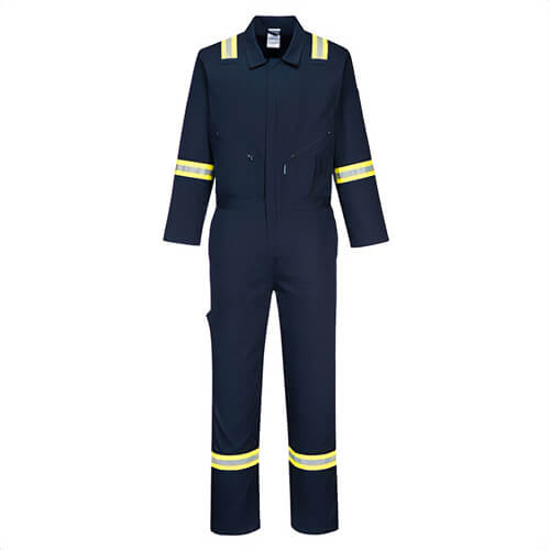 Portwest F129NARXL Iona™ Xtra Enhanced 100% Cotton Coverall, 8 Pockets, Yellow/Silver Reflecive Tape, Navy, XL