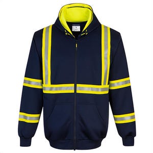 Portwest F130NARM Ionaâ„¢ Xtra Enhanced Zipped Hoodie, Front Zip, Yellow/Silver Reflex, 2 Pockets, 40+ UPF Rated Fabric, Navy, M