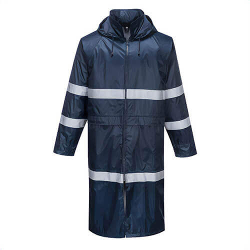 Portwest F438NARXXXL Iona™ Enhanced Hooded Rain Coat, 47 in, Lightweight, Waterproof, Reflective Tape, Front Zip, Navy, 3XL