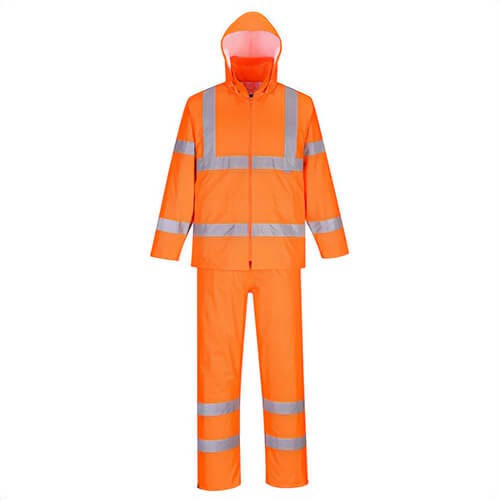 Portwest H448ORRM Hi-Viz Packaway Rainsuit, Waterproof, Sealed Seams, Inner Elasticized Cuffs, Adjustable CordOrange, M