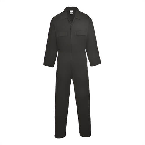 Portwest S998BKRXXXL Cotton Work Coverall, 5 Pockets, Concealed Snap Front, Side Elastic Waist, 40+ UPF Rated Fabric, Black, 3XL