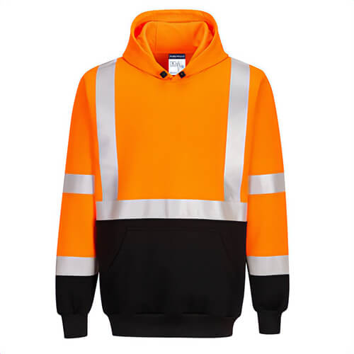 Portwest UB324OBRM Hi-Viz Contrast Hoodie, Reflective Tape, Ribbed Cuffs and Hem, 40+ UPF Rated Fabric, Orange/Black, M