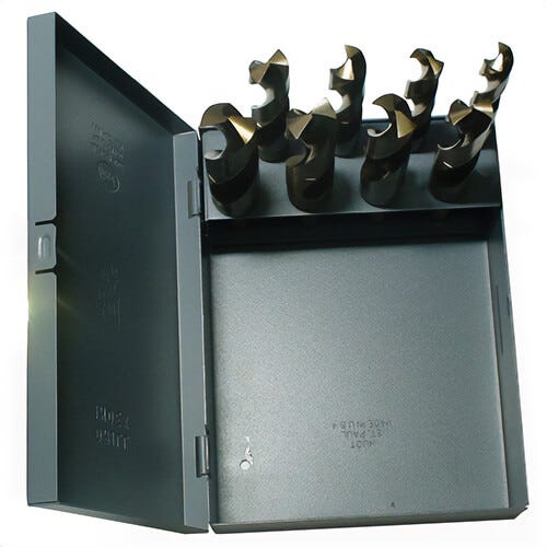 Qualtech DWD1008-CO-SET 2-Flute Reduced Shank Drill Set, 9/16 in Min Drill Bit, 1 in Max Drill Bit, 135°  Drill Point Angle, 8 pc, Cobalt, Gold