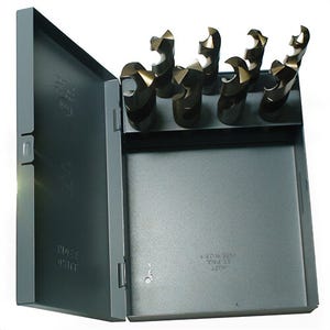 Qualtech DWD1008-CO-SET 2-Flute Reduced Shank Drill Set, 9/16 in Min Drill Bit, 1 in Max Drill Bit, 135° Drill Point Angle, 8 pc, Cobalt, Gold