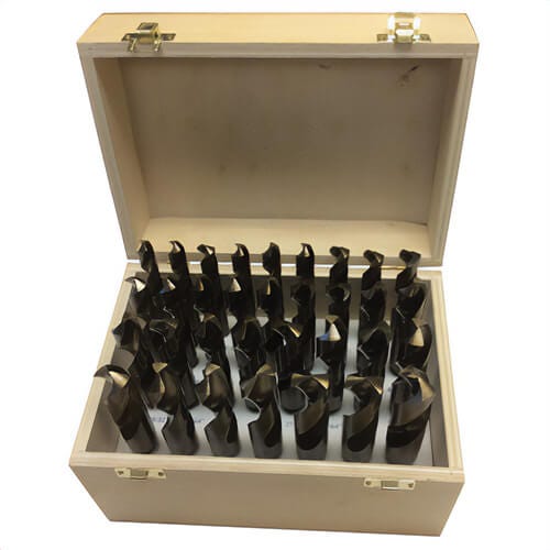 Qualtech DWD833SD-CO-WOOD 2-Flute Reduced Shank Drill Set, 1/2 in Min Drill Bit, 1 in Max Drill Bit, 135°  Drill Point Angle, 33 pc, Cobalt, Gold