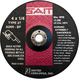 SAIT® 20012 General Purpose Depressed Center Wheel, 4 in dia x 1/4 in Thick, 3/8 in Center Hole, 24 Grit, Aluminum Oxide Abrasive