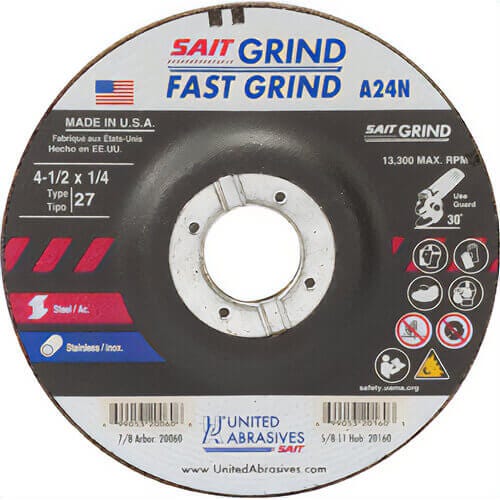 SAIT® 20060 General Purpose Depressed Center Wheel, 4-1/2 in dia x 1/4 in Thick, 7/8 in Center Hole, 24 Grit