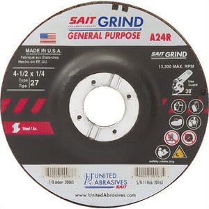SAIT® 20063 General Purpose Depressed Center Wheel, 4-1/2 in dia x 1/4 in Thick, 7/8 in Center Hole, 24 Grit