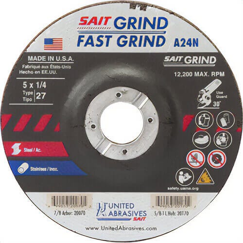 SAIT® 20070 General Purpose Depressed Center Wheel, 5 in dia x 1/4 in Thick, 7/8 in Center Hole, 24 Grit, Aluminum Oxide Abrasive