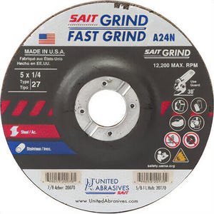 SAIT® 20070 General Purpose Depressed Center Wheel, 5 in dia x 1/4 in Thick, 7/8 in Center Hole, 24 Grit, Aluminum Oxide Abrasive