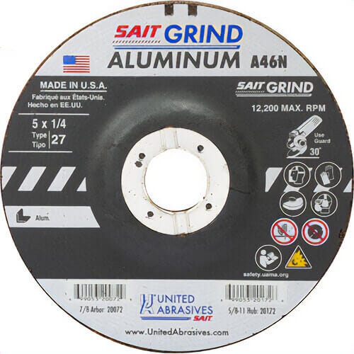 SAIT® 20072 Depressed Center Wheel, 5 in dia x 1/4 in Thick, 7/8 in Center Hole, 46 Grit, Aluminum Oxide Abrasive