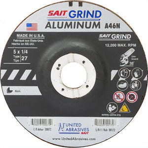 SAIT® 20072 Depressed Center Wheel, 5 in dia x 1/4 in Thick, 7/8 in Center Hole, 46 Grit, Aluminum Oxide Abrasive