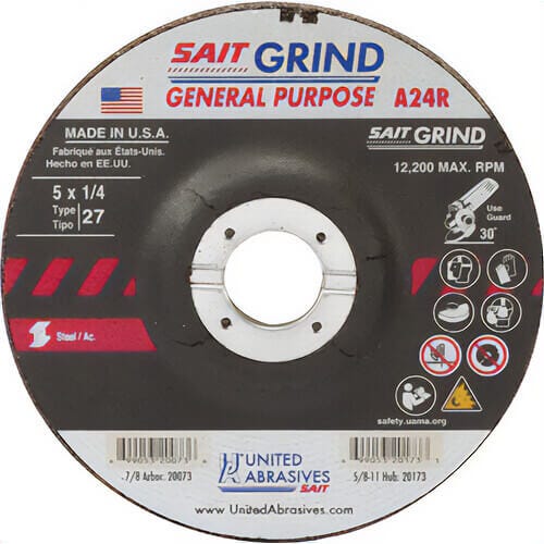 SAIT® 20073 General Purpose Depressed Center Wheel, 5 in dia x 1/4 in Thick, 7/8 in Center Hole, 24 Grit, Aluminum Oxide Abrasive