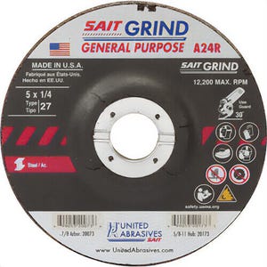 SAIT® 20073 General Purpose Depressed Center Wheel, 5 in dia x 1/4 in Thick, 7/8 in Center Hole, 24 Grit, Aluminum Oxide Abrasive