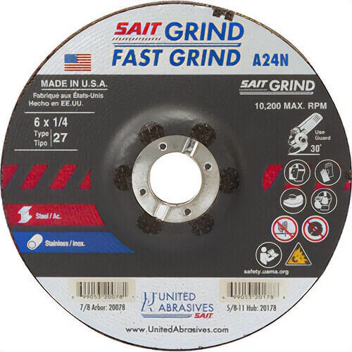 SAIT® 20078 General Purpose Depressed Center Wheel, 6 in dia x 1/4 in Thick, 7/8 in Center Hole, 24 Grit, Aluminum Oxide Abrasive