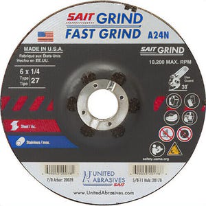 SAIT® 20078 General Purpose Depressed Center Wheel, 6 in dia x 1/4 in Thick, 7/8 in Center Hole, 24 Grit, Aluminum Oxide Abrasive