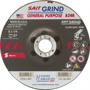 SAIT® 20079 General Purpose Depressed Center Wheel, 6 in dia x 1/4 in Thick, 7/8 in Center Hole, 24 Grit, Aluminum Oxide Abrasive