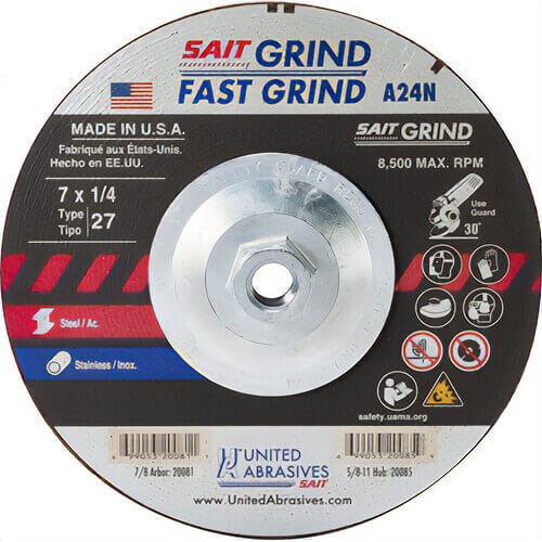 SAIT® 20085 General Purpose Depressed Center Wheel, 7 in dia x 1/4 in Thick, 24 Grit, Aluminum Oxide Abrasive
