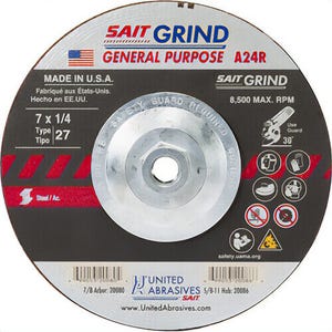 SAIT® 20086 General Purpose Depressed Center Wheel, 7 in dia x 1/4 in Thick, 24 Grit, Aluminum Oxide Abrasive
