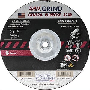 SAIT® 20096 General Purpose Depressed Center Wheel, 9 in dia x 1/4 in Thick, 5/8-11, A24R Grit, Aluminum Oxide Abrasive