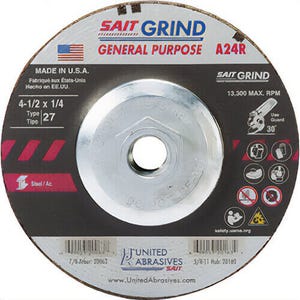SAIT® 20163 General Purpose Depressed Center Wheel, 4-1/2 in dia x 1/4 in Thick, 24 Grit, Aluminum Oxide Abrasive