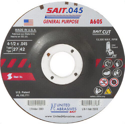 SAIT® 22021 General Purpose Depressed Center Wheel, 4-1/2 in dia x 0.045 in Thick, 7/8 in Center Hole, 60 Grit