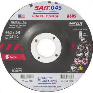 SAIT® 22021 General Purpose Depressed Center Wheel, 4-1/2 in dia x 0.045 in Thick, 7/8 in Center Hole, 60 Grit