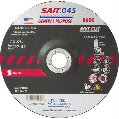 SAIT® 22053 General Purpose Depressed Center Wheel, 7 in dia x 0.045 in Thick, 7/8 in Center Hole, 60 Grit