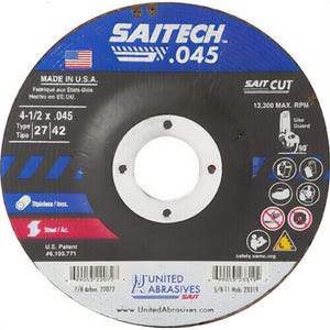 SAIT® Saitech™ 22072 High Performance Depressed Center Wheel, 4-1/2 in dia x 0.045 in Thick, 7/8 in Center Hole, 36 Grit