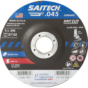 SAIT® Saitech™ 22073 High Performance Depressed Center Wheel, 5 in dia x 0.045 in Thick, 7/8 in Center Hole, 36 Grit, Ceramic Alumina Oxide Abrasive