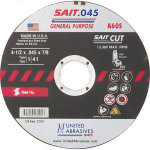SAIT® 23101 Thin High Speed Cut-Off Wheel, 4-1/2 in dia x 0.045 in Thick, 7/8 in Center Hole, A60S Grit, Aluminum Oxide Abrasive