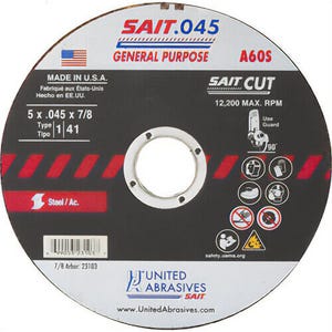 SAIT® 23103 Thin High Speed Cut-Off Wheel, 5 in dia x 0.045 in Thick, 7/8 in Center Hole, A60S Grit, Aluminum Oxide Abrasive