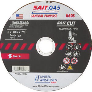 SAIT® 23106 Thin High Speed Cut-Off Wheel, 6 in dia x 0.045 in Thick, 7/8 in Center Hole, A60S Grit, Aluminum Oxide Abrasive