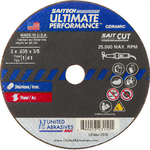 Saitech™ Ultimate Performance™ 23150 High Performance Thin High Speed Cut-Off Wheel, 3 in dia x 0.035 in Thick, 3/8 in Hole, 46 Grit