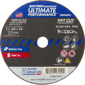 Saitechâ„¢ Ultimate Performanceâ„¢ 23150 High Performance Thin High Speed Cut-Off Wheel, 3 in dia x 0.035 in Thick, 3/8 in Hole, 46 Grit