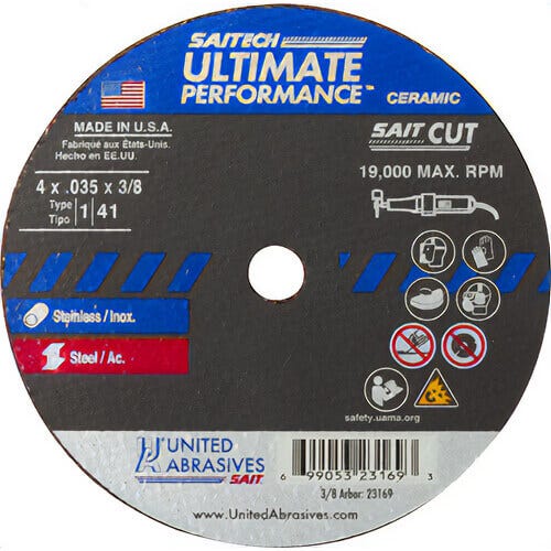 Saitech™ Ultimate Performance™ 23169 High Performance Thin High Speed Cut-Off Wheel, 4 in dia x 0.035 in Thick, 3/8 in Hole, 46 Grit