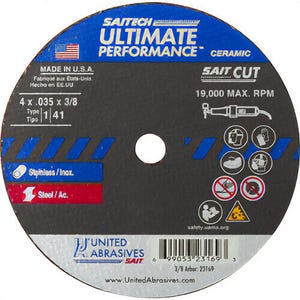Saitechâ„¢ Ultimate Performanceâ„¢ 23169 High Performance Thin High Speed Cut-Off Wheel, 4 in dia x 0.035 in Thick, 3/8 in Hole, 46 Grit
