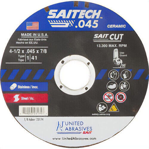 Saitech™ 23174 High Performance Thin High Speed Cut-Off Wheel, 4-1/2 in dia x 0.045 in Thick, 7/8 in Center Hole, 36 Grit