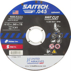 Saitechâ„¢ 23174 High Performance Thin High Speed Cut-Off Wheel, 4-1/2 in dia x 0.045 in Thick, 7/8 in Center Hole, 36 Grit